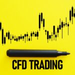 A black marker rests horizontally below the bold, black text "CFD TRADING" on a vibrant yellow background. Above the marker and text, a black candlestick chart displays price fluctuations over time, suggesting the dynamic nature of contract for difference trading.